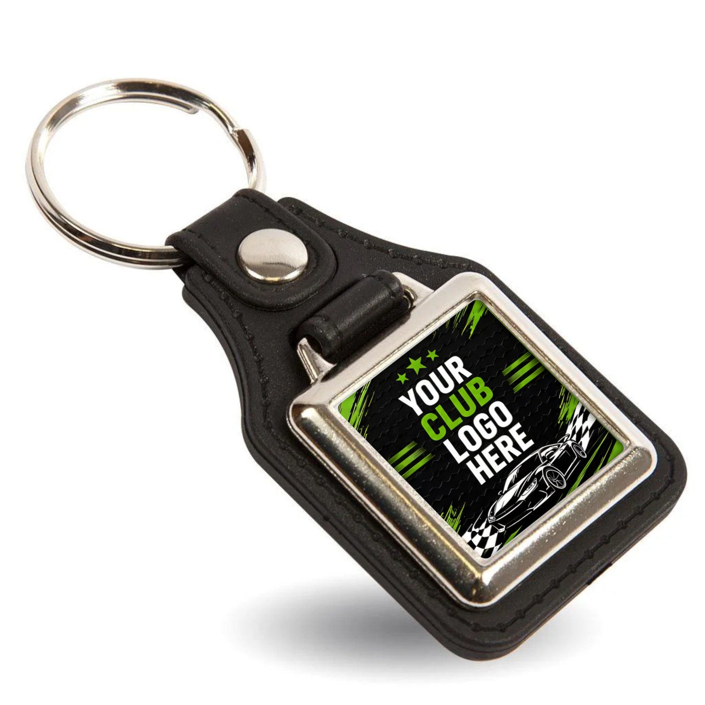 Personalised square leather and metal car club keyring with custom club logo.