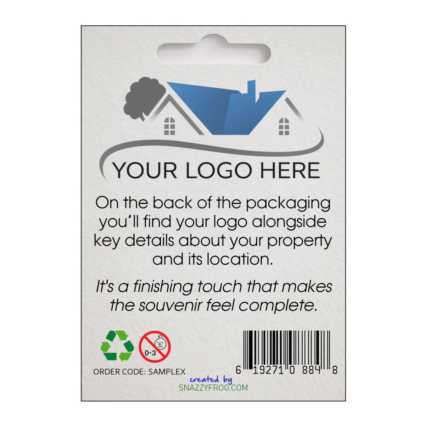 Back of custom branded metal bottle opener packaging with space for custom logo and design.
