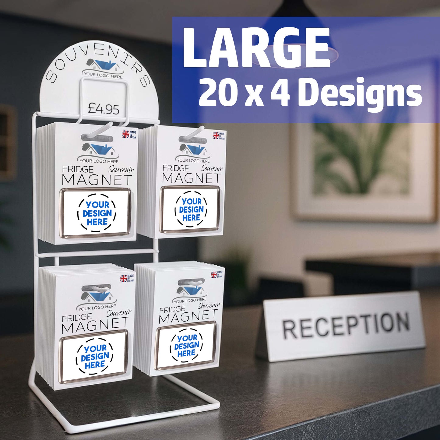 Snazzy Frog Shop in a Box large souvenir magnet display stand on a reception counter, showing a 20 x 4 layout with placeholder artwork and your logo here branding.