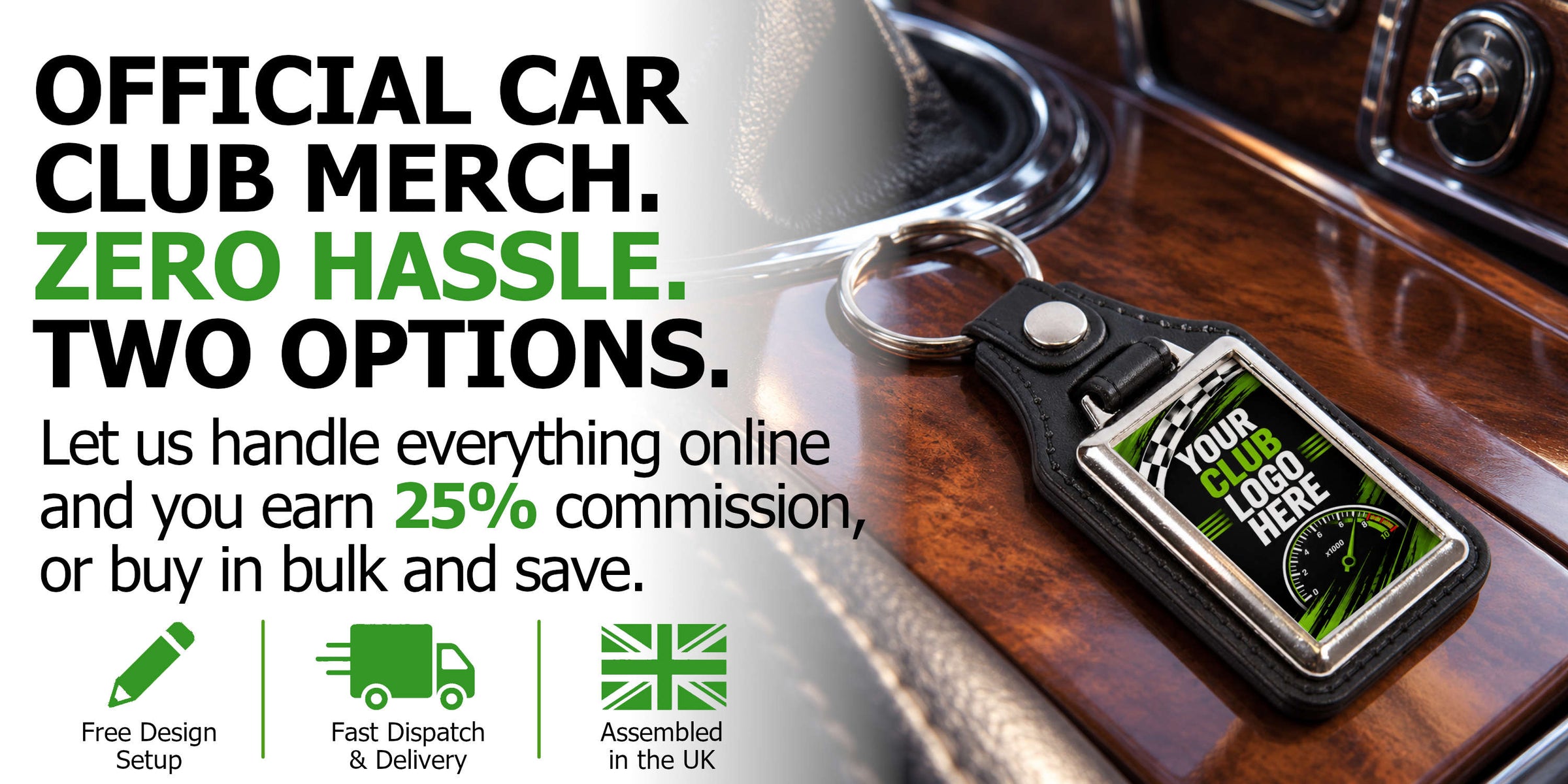 Official car club merchandise banner showing a personalised leather and metal keyring with two ordering options: earn 25% commission through online sales or buy in bulk at discounted prices.
