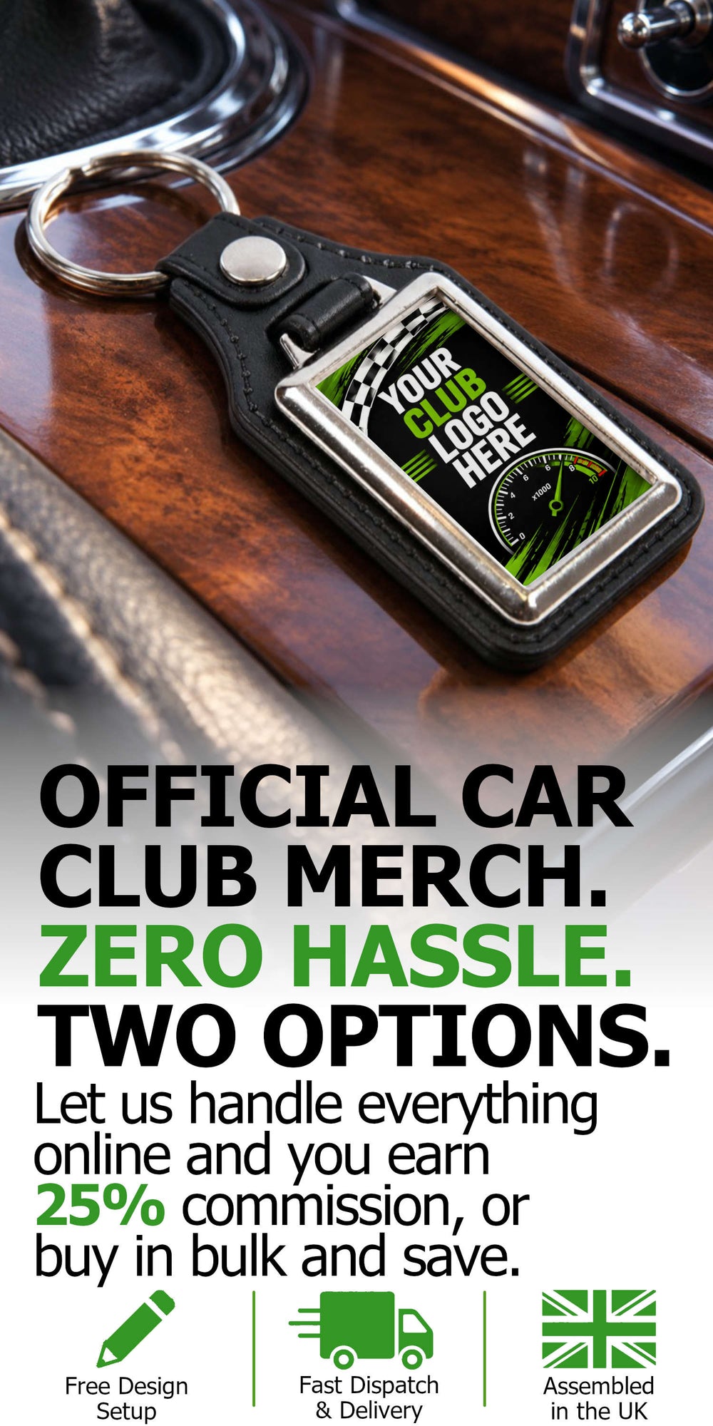 Official car club merchandise banner featuring a personalised leather and metal keyring promoting commission-based online sales or discounted bulk orders for car clubs.