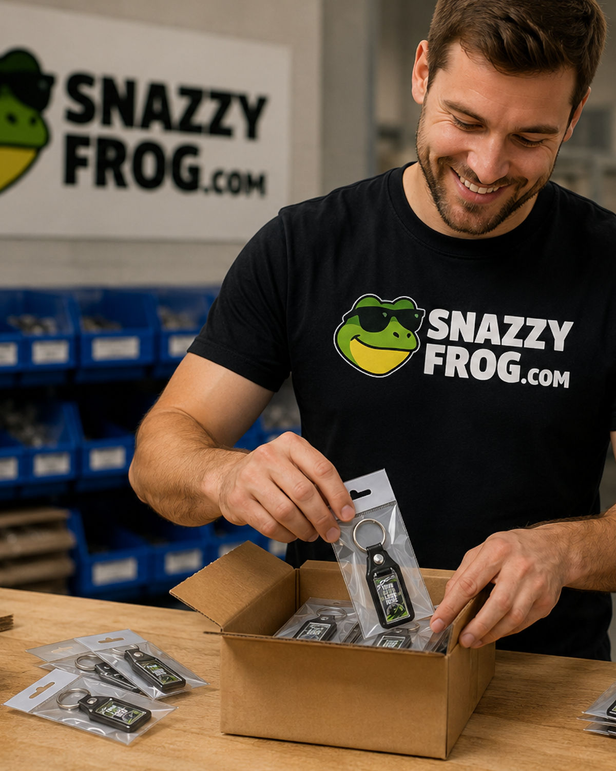 Snazzy Frog team member packing personalised car club keyrings for customer orders.