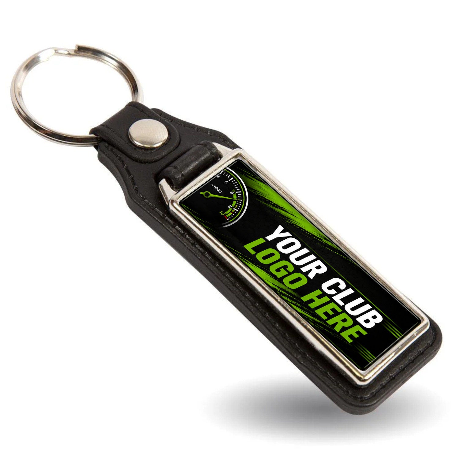 Personalised long rectangle leather and metal car club keyring with custom club logo.