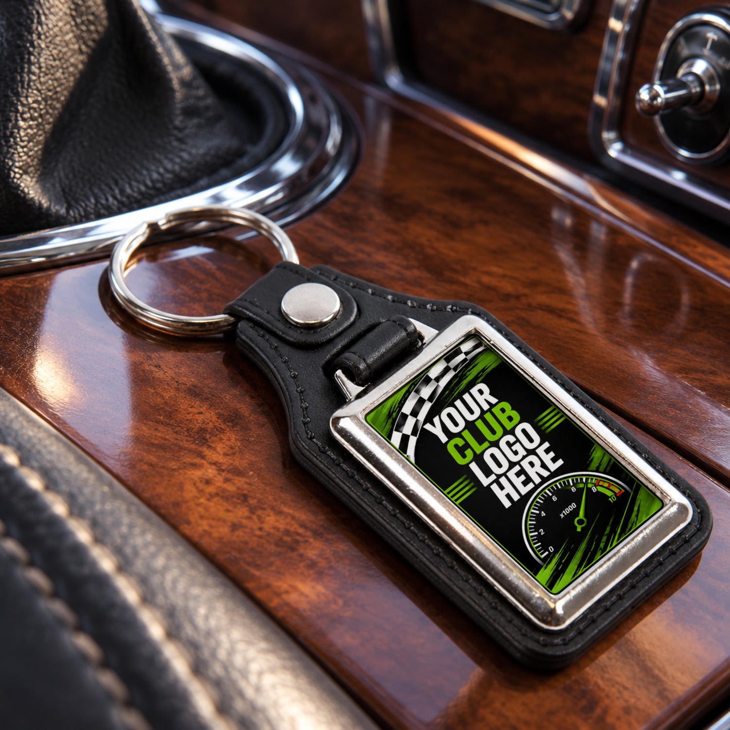 Personalised rectangle leather and metal car club keyring on a classic car centre console.