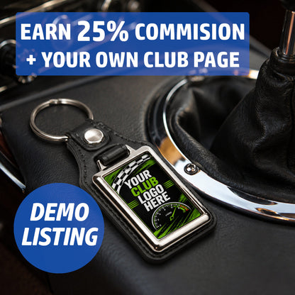 Car club rectangular keyring demo listing showing 25% commission and dedicated club page