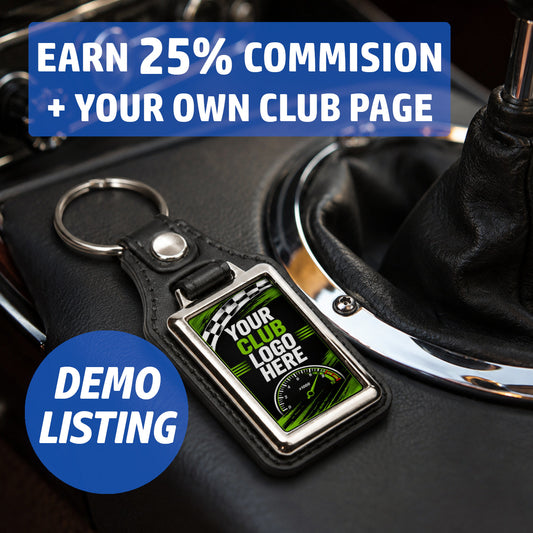 Car club rectangular keyring demo listing showing 25% commission and dedicated club page