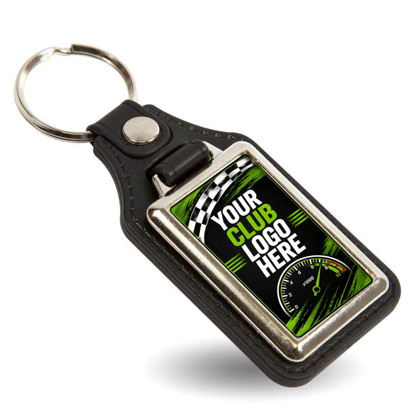 Personalised rectangle leather and metal car club keyring with custom club logo.