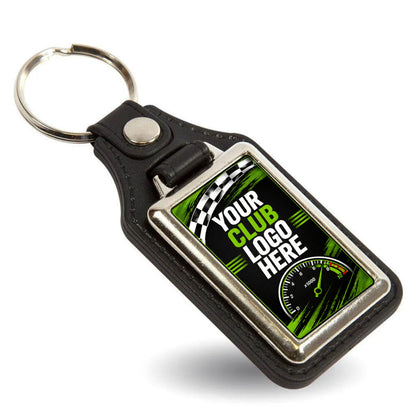 Personalised rectangle leather and metal car club keyring with custom club logo.