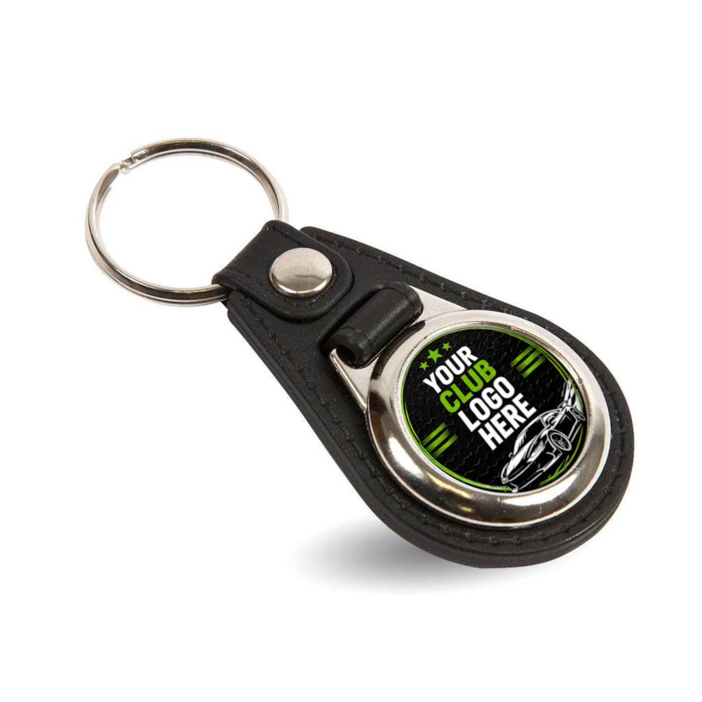 Personalised round leather and metal car club keyring with custom club logo.
