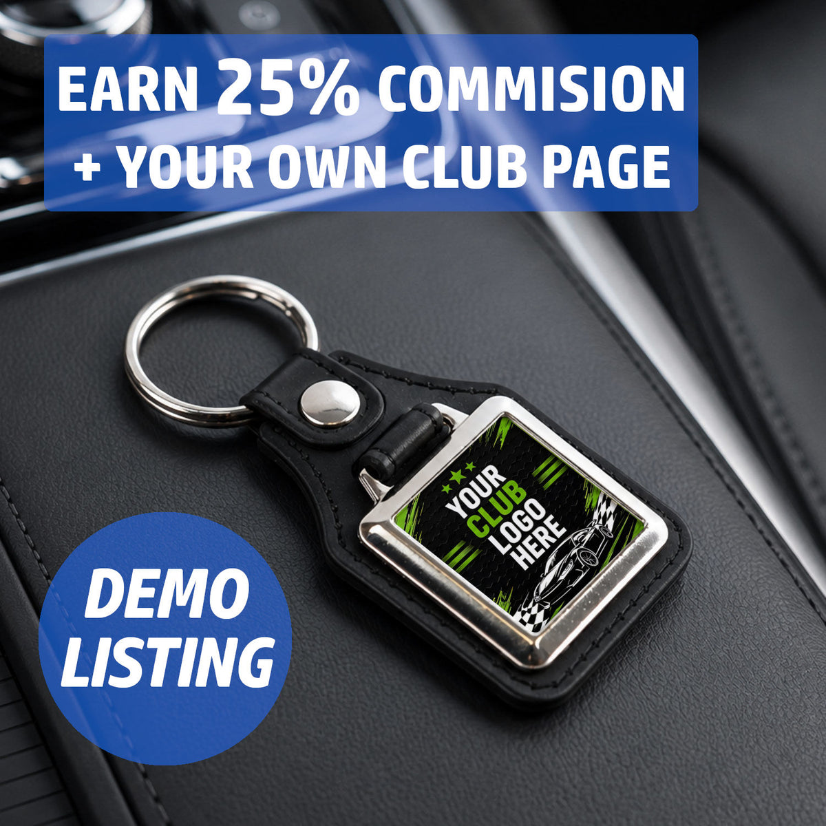 Car club square keyring demo listing showing 25% commission and dedicated club page.
