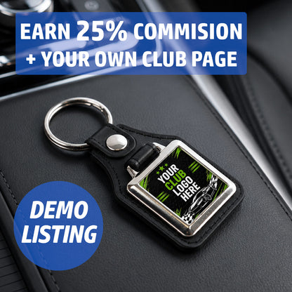 Car club square keyring demo listing showing 25% commission and dedicated club page.