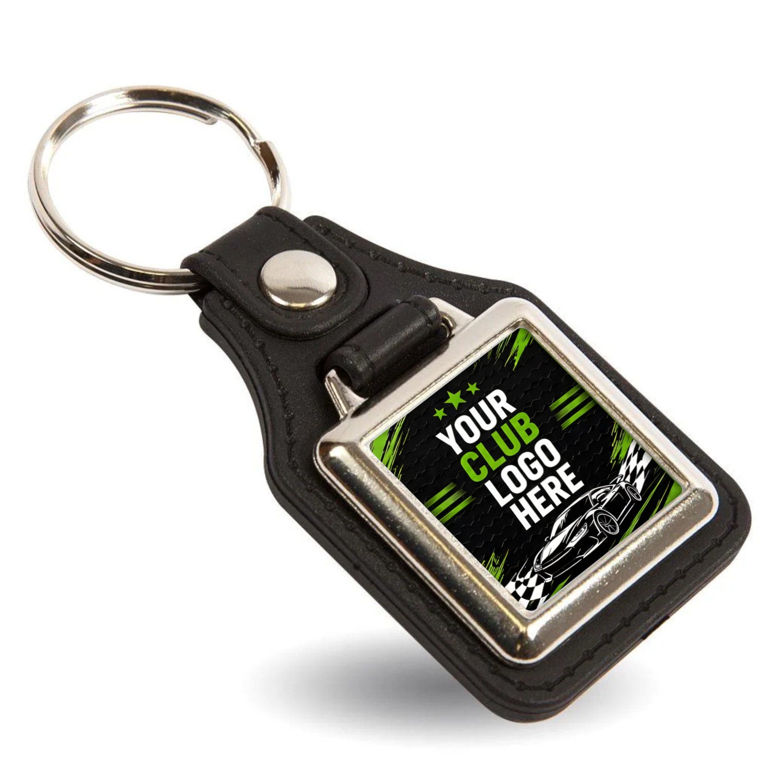 Personalised square leather and metal car club keyring with custom club logo.