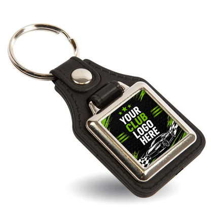 Personalised square leather and metal car club keyring with custom club logo.