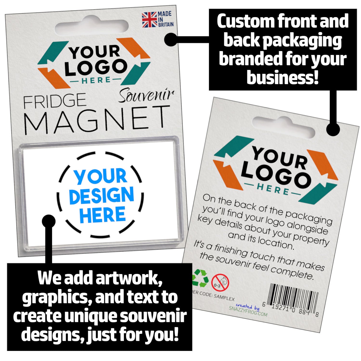 Custom Souvenir in branded packaging showing front and back sides