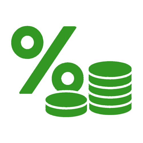 Green commission icon depicting a percentage symbol alongside stacked coins.