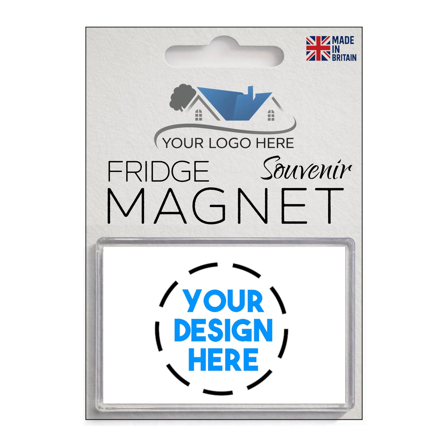 Front of single custom fridge magnet packaging with space for custom logo and design.