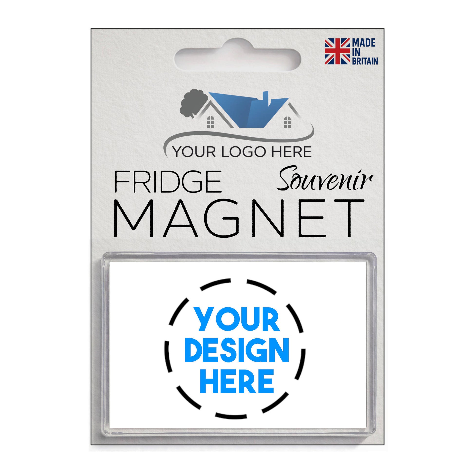 Front of single custom fridge magnet packaging with space for custom logo and design.