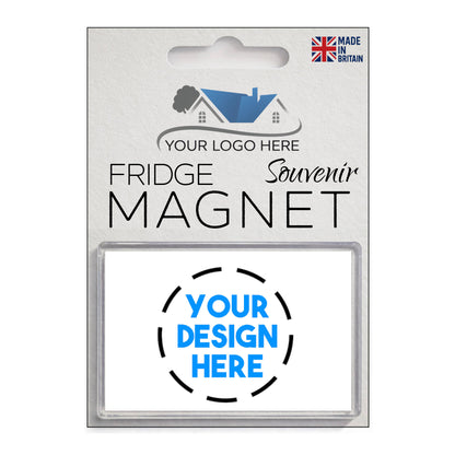 Front of single custom fridge magnet packaging with space for custom logo and design.
