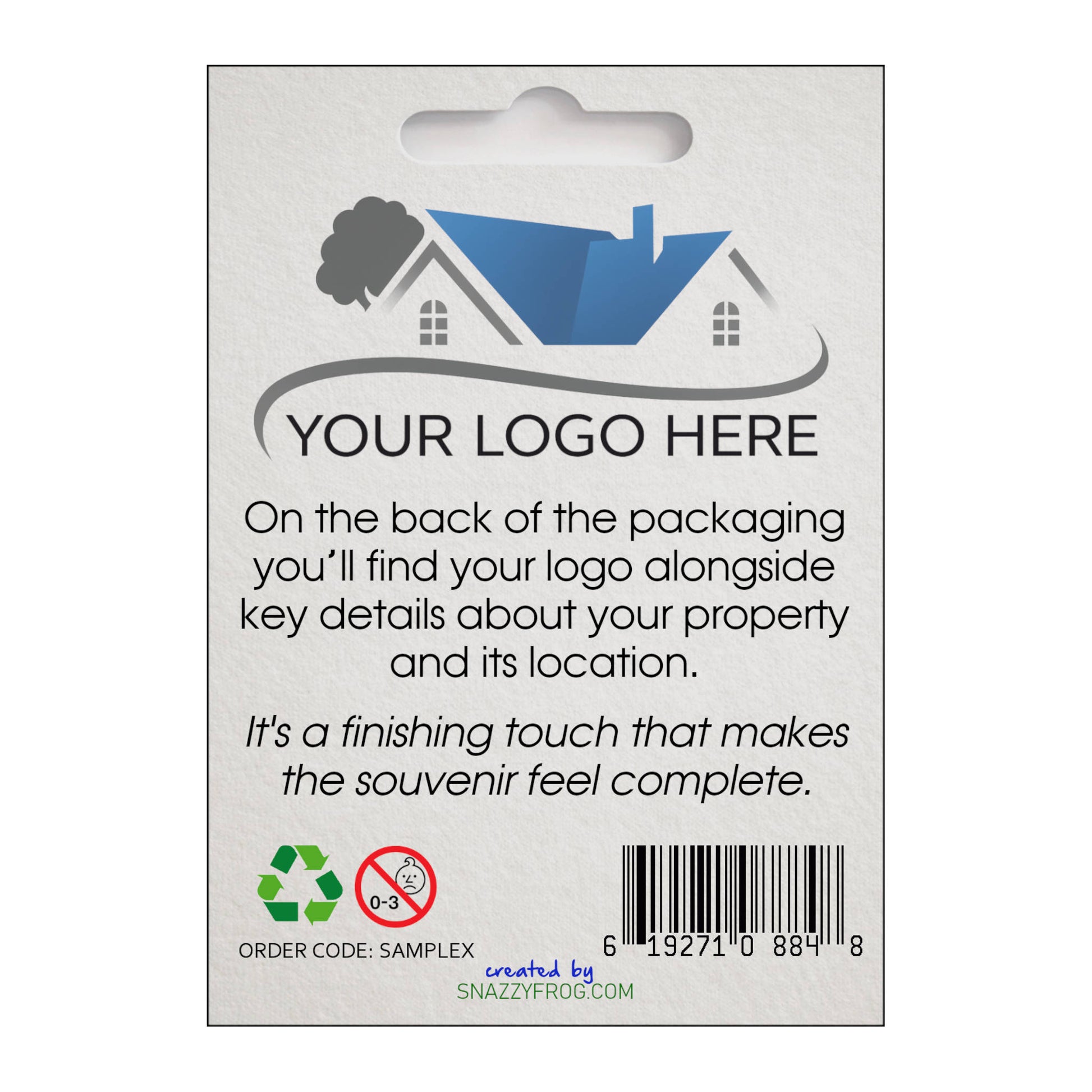 Back of custom metal keyring packaging with space for custom logo and design.