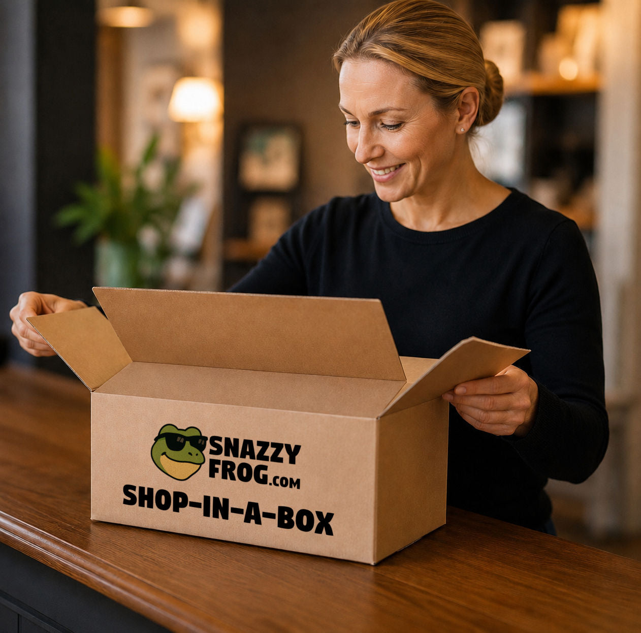 Woman opening a Snazzy Frog Shop-in-a-Box Starter Pack.