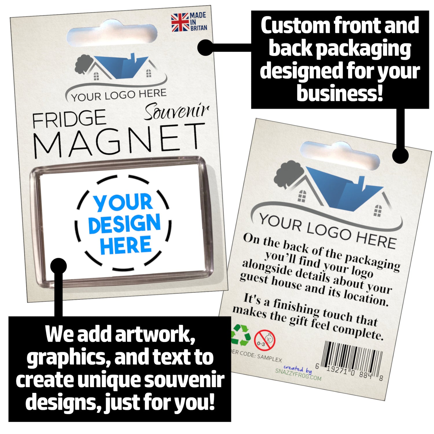 Shop in a Box example showing custom souvenir magnet design with tailored front and back packaging for businesses