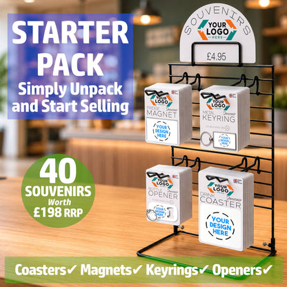 Snazzy Frog Shop-in-a-Box Starter Pack with 40 custom souvenirs, branded display stand and free topper.
