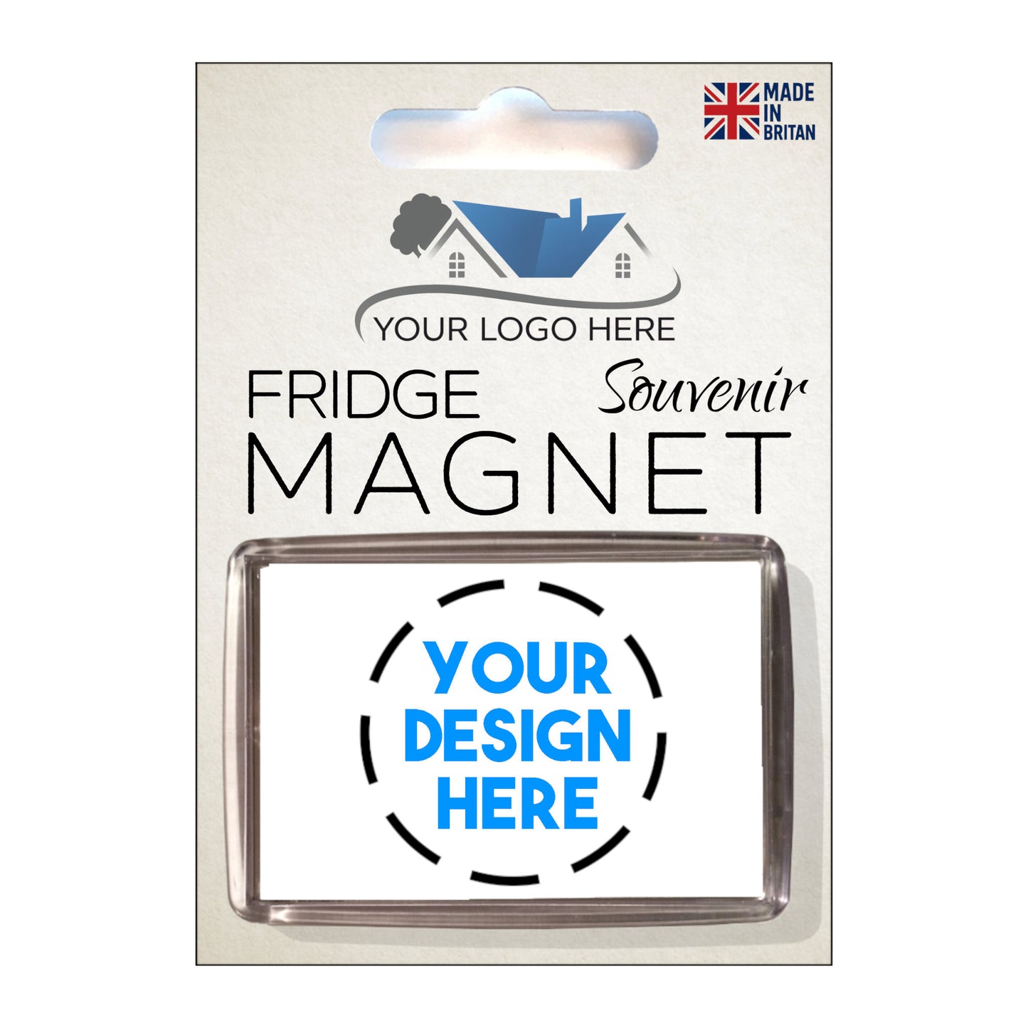Front of single custom fridge magnet packaging with space for custom logo and design.