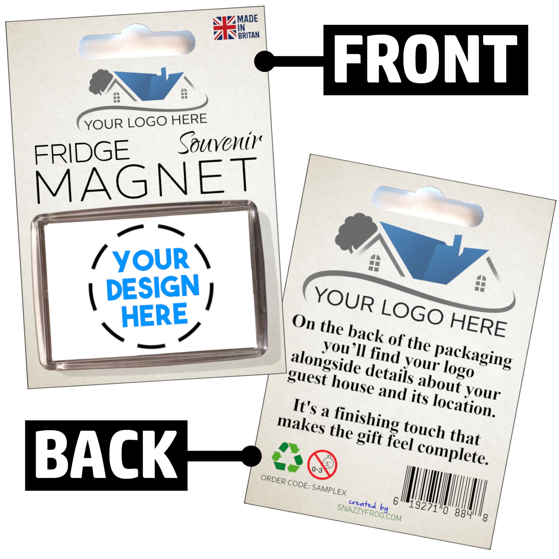 Product image showing front and back of custom single fridge magnet packaging with space for custom logo and guest house details.