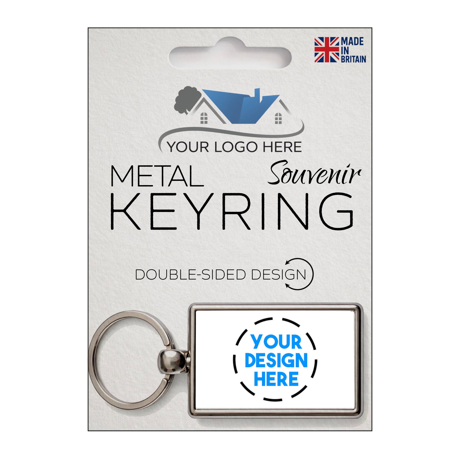 Front of single personalised metal keyring in packaging with space for custom logo and design.
