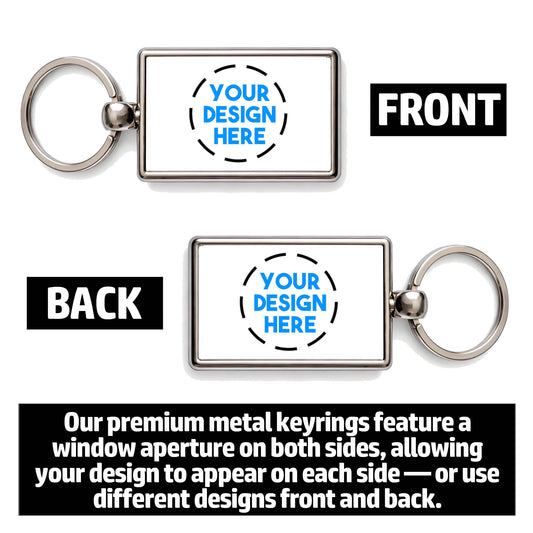 Product image showing front and back of custom metal keyring with space for custom logo on both sides.