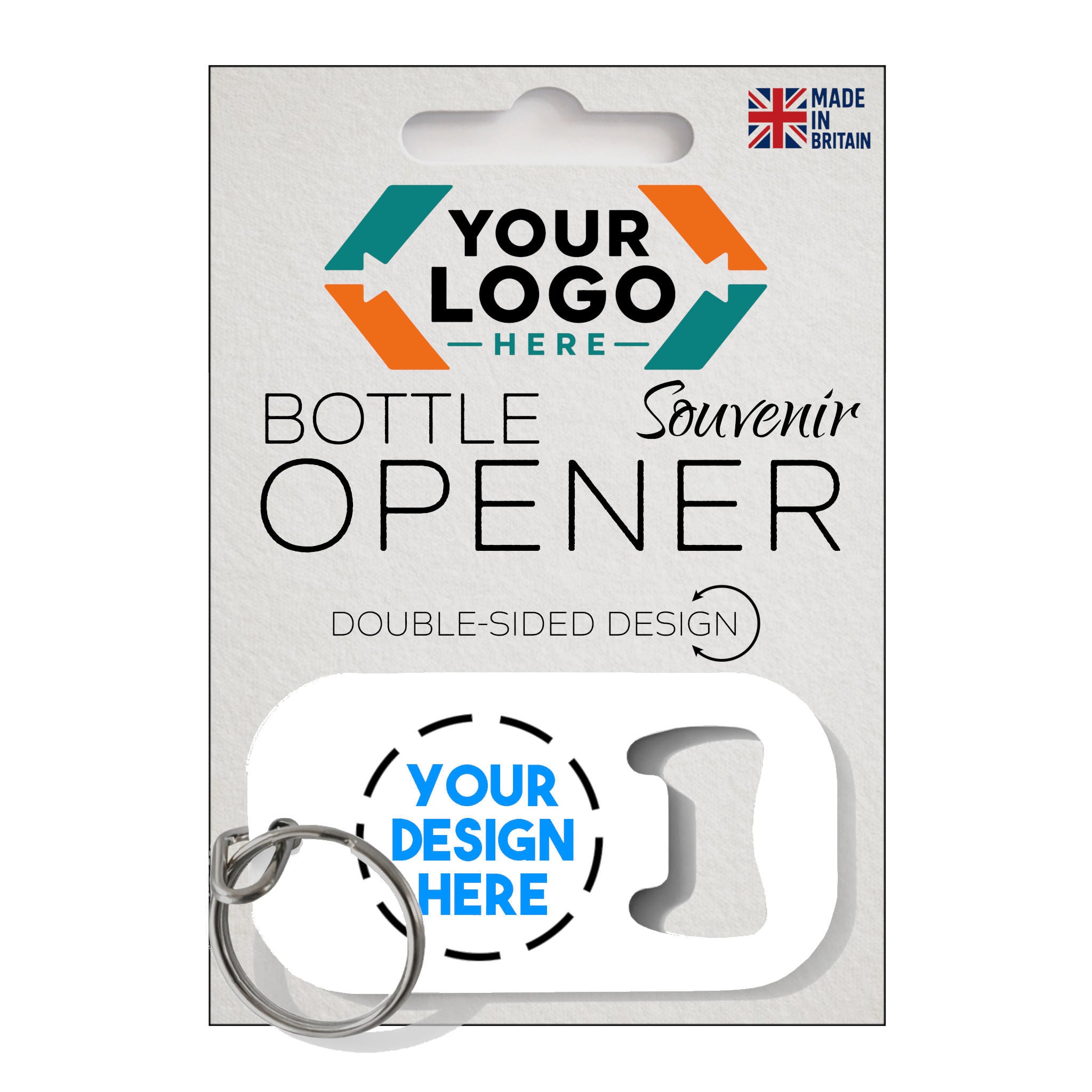 Custom metal bottle opener key ring in branded packaging