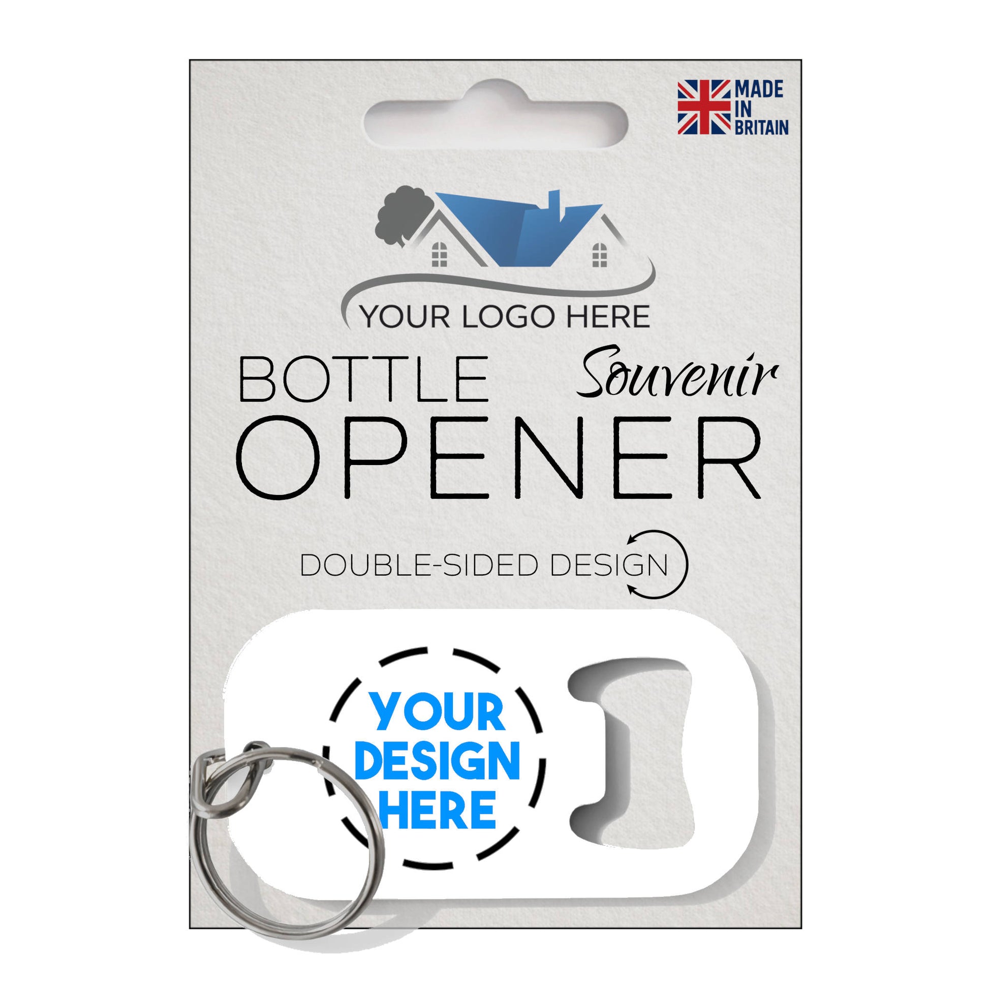 Front of single custom branded metal bottle opener keyring packaging with space for custom logo and design.