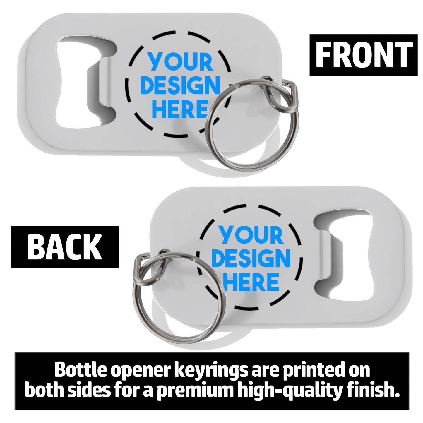 Custom Metal bottle opener keyring showing double sided that can be personalised on both sides.