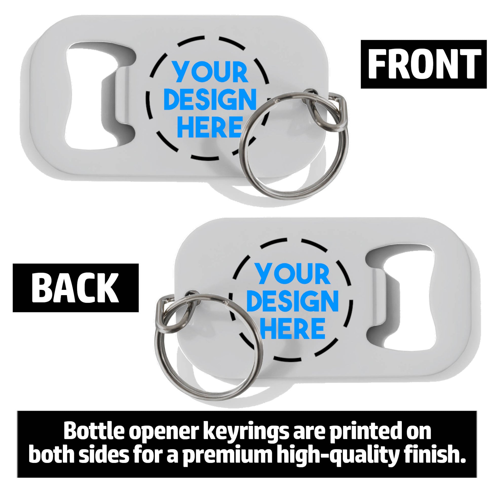 Custom Metal bottle opener keyring showing double sided that can be personalised on both sides.