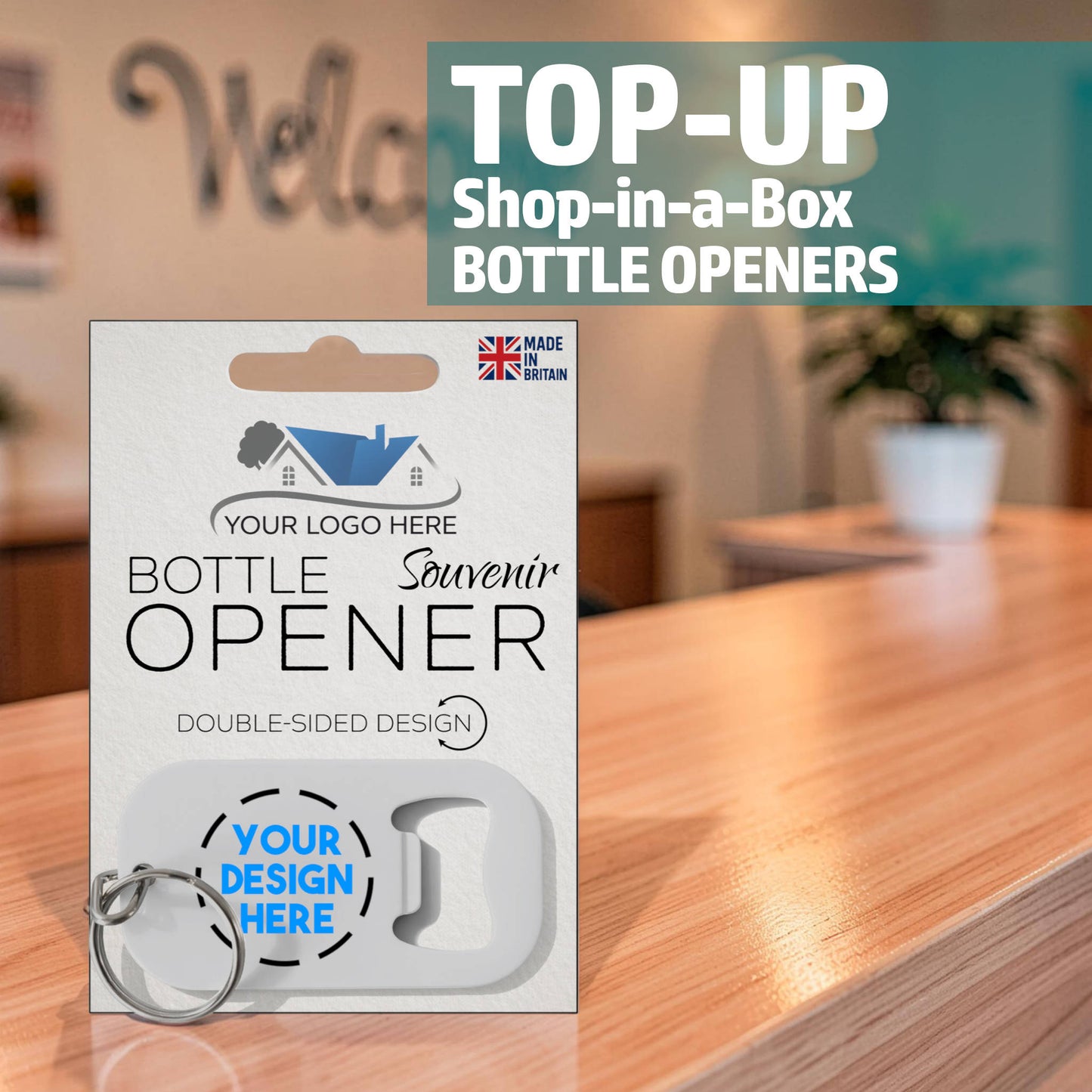 Top-up pack for Snazzy Frog Shop-in-a-Box meta openers with your custom logo and design, souvenir packaging shown on display.