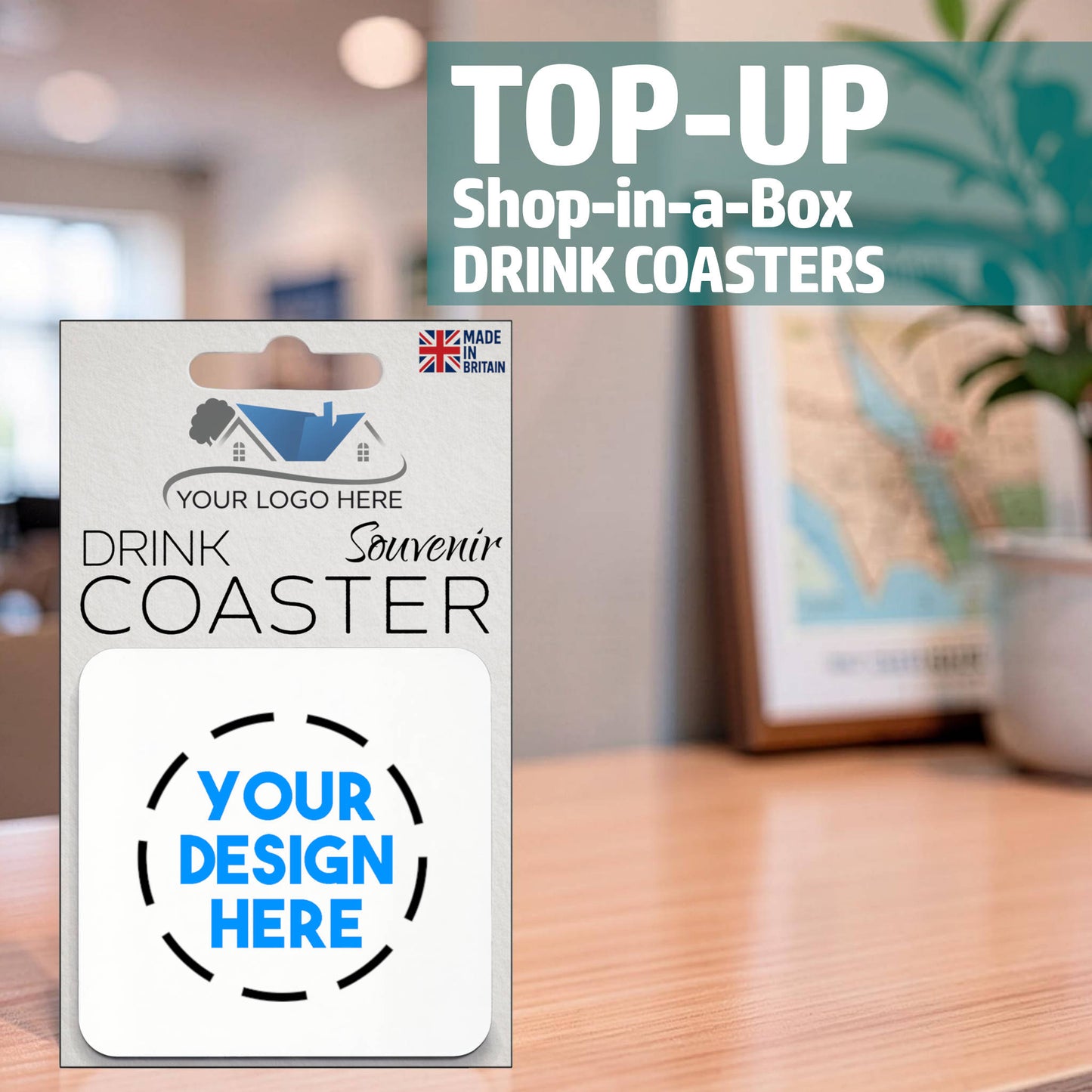 Top-up pack for Snazzy Frog Shop-in-a-Box drink coasters with your custom logo and design, souvenir packaging shown on display.