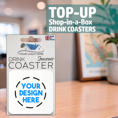 Top-up pack for Snazzy Frog Shop-in-a-Box drink coasters with your custom logo and design, souvenir packaging shown on display.
