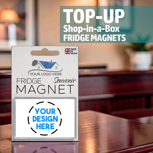 Top-up pack for Snazzy Frog Shop-in-a-Box fridge magnets with your custom logo and design, souvenir packaging shown on display.