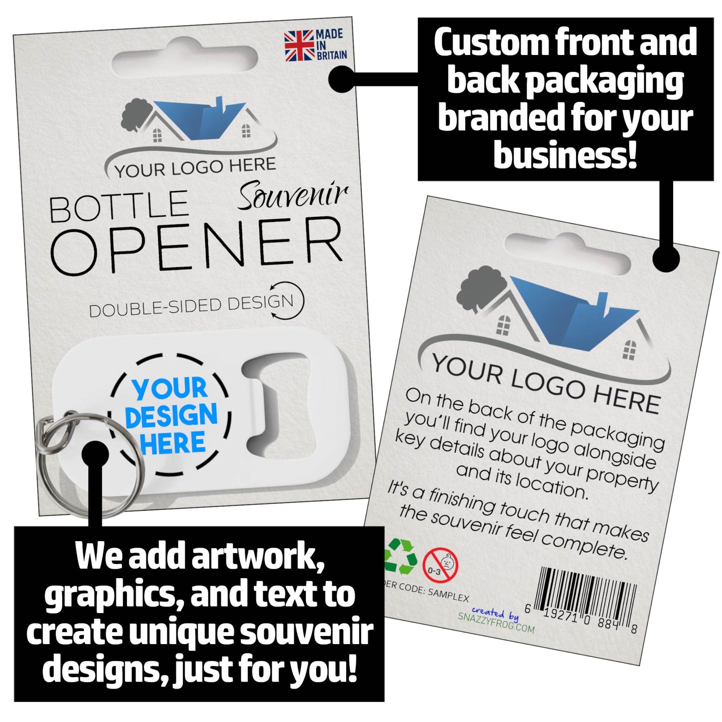 Product image showing front and back of custom metal bottle opener packaging with space for custom logo and guest house details.