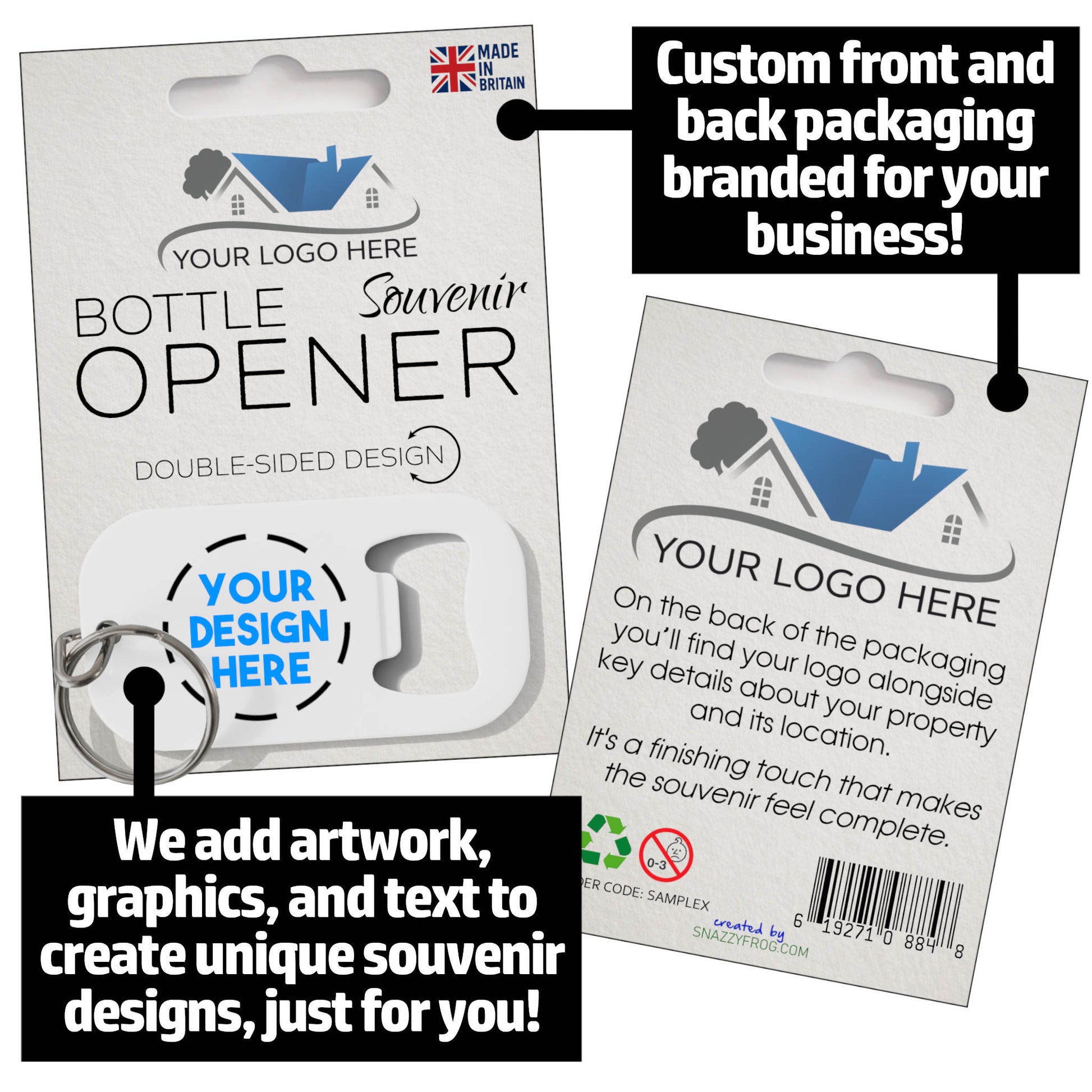 Product image showing front and back of custom metal bottle opener packaging with space for custom logo and guest house details.