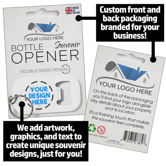 Product image showing front and back of custom metal bottle opener packaging with space for custom logo and guest house details.