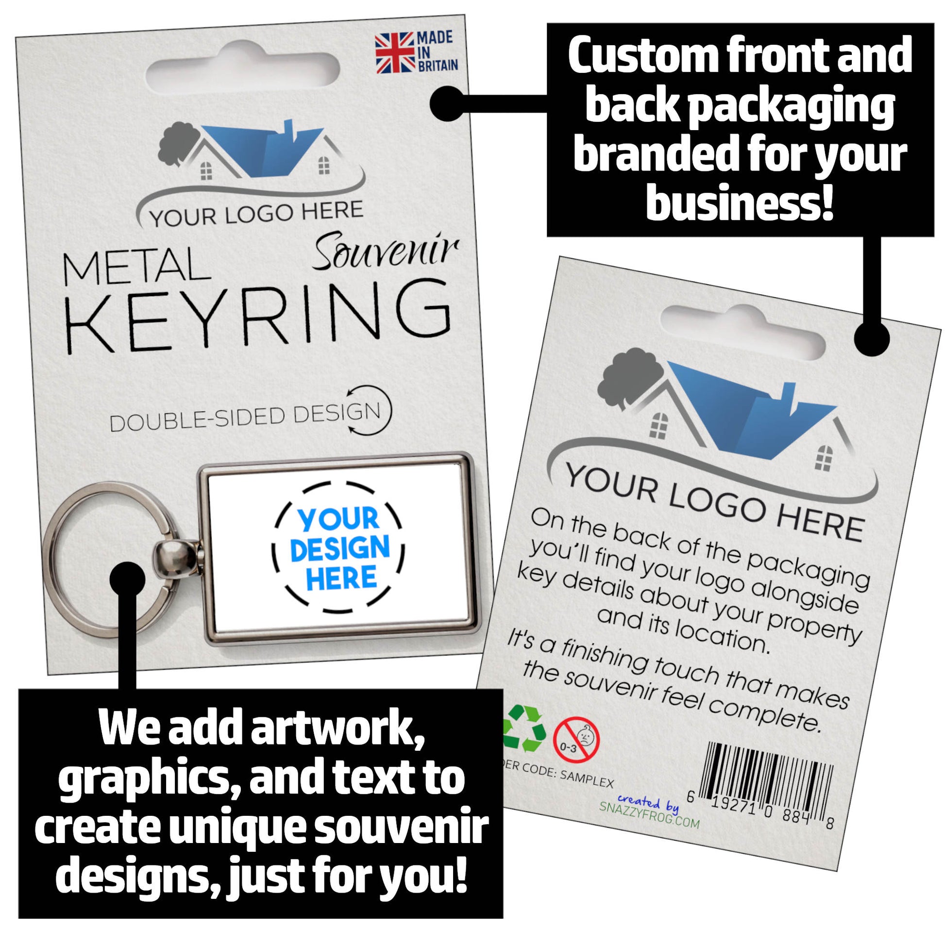 Product image showing front and back of custom metal keyring in packaging with space for custom logo and guest house details.