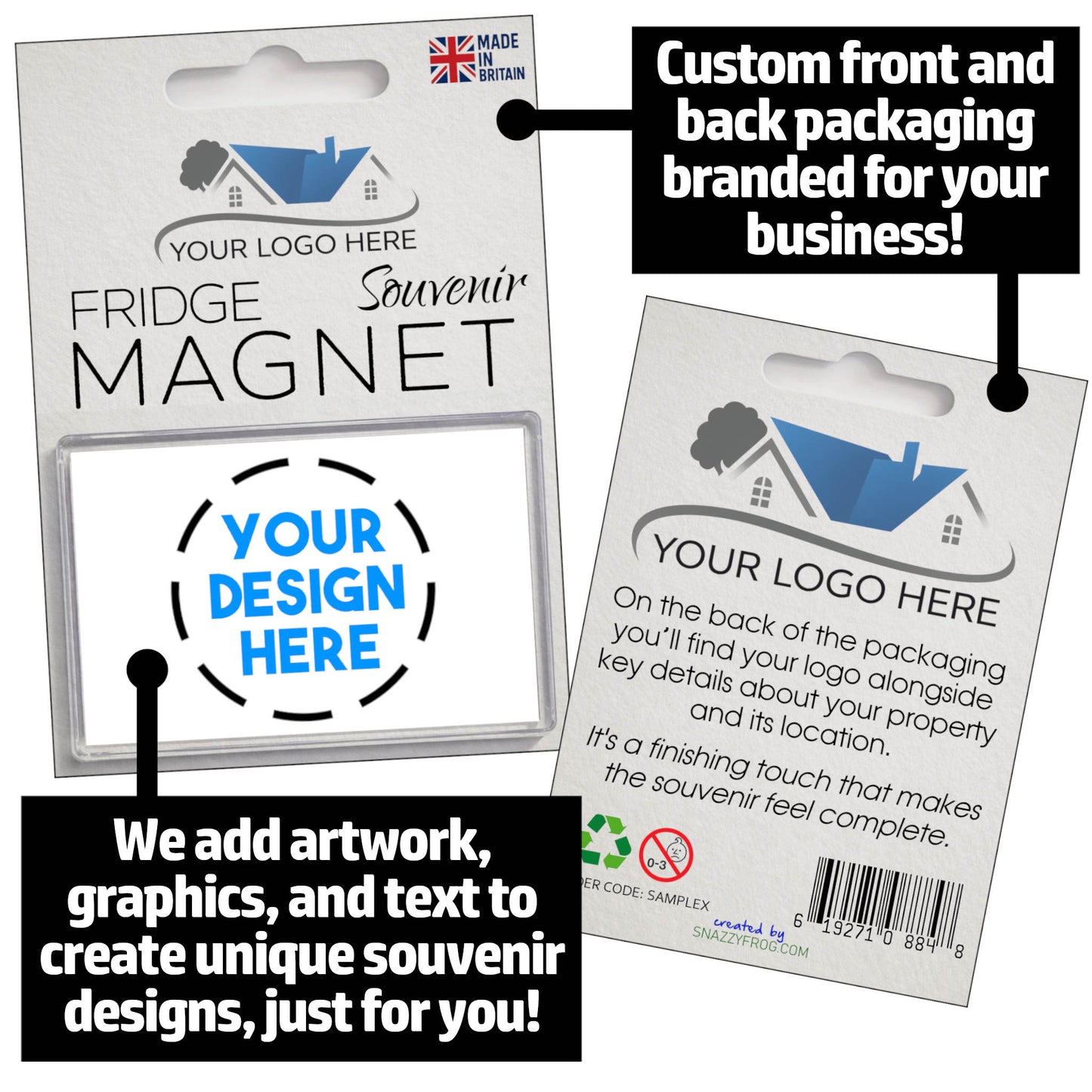 Product image showing front and back of custom single fridge magnet packaging with space for custom logo and guest house details.