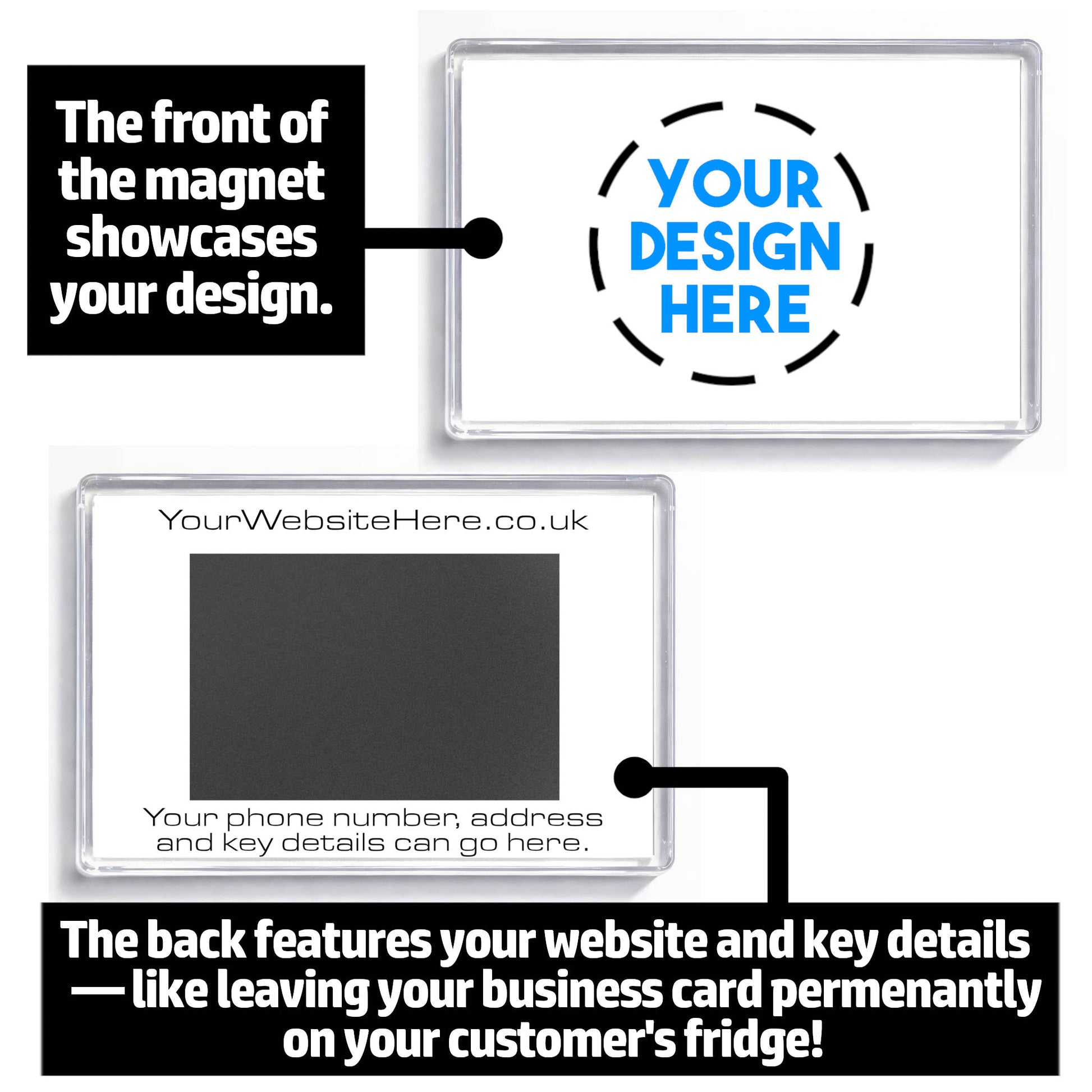 Front and back of custom branded fridge magnet showing features of both sides.
