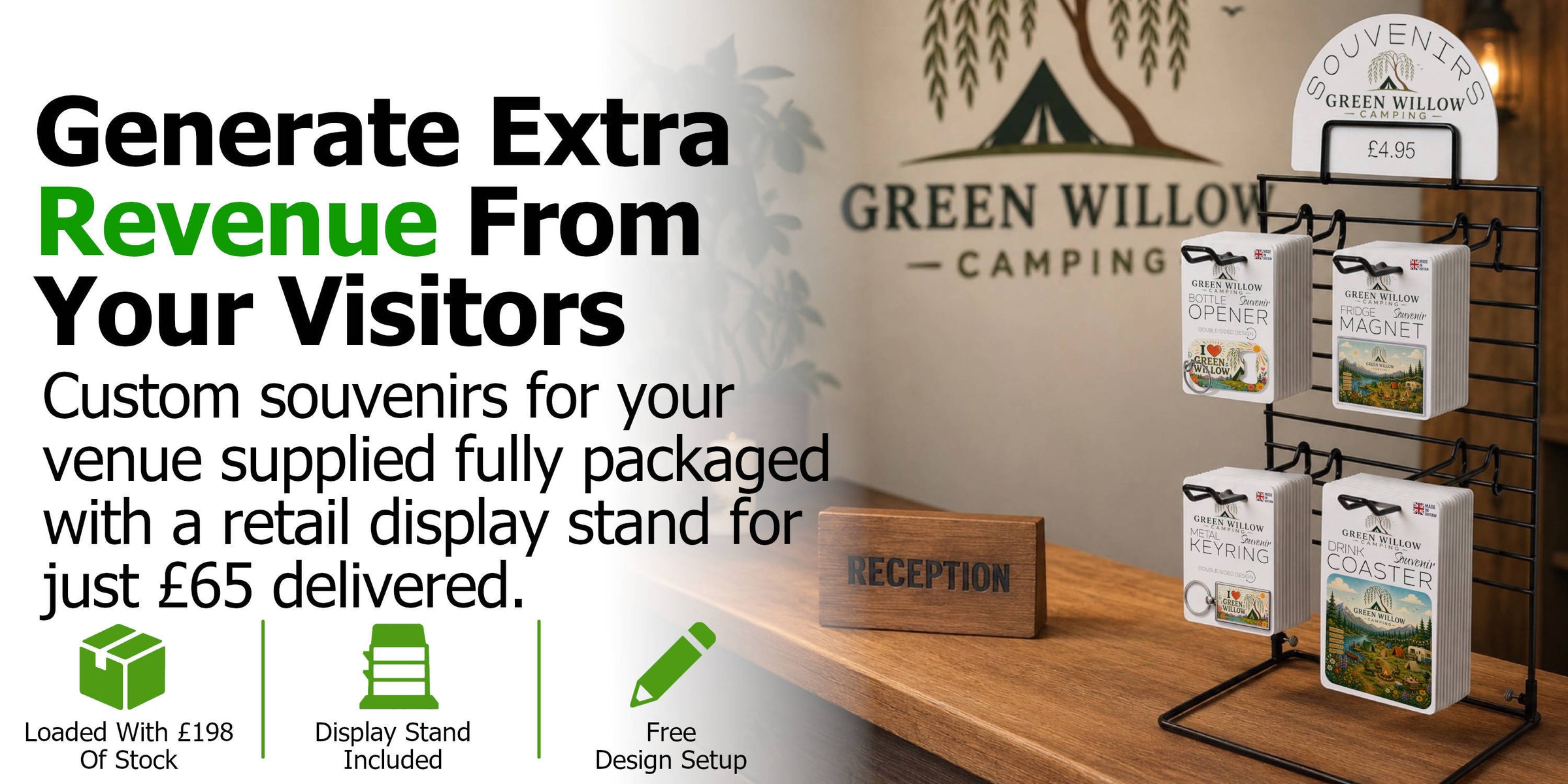 Snazzy Frog custom souvenir display stand with branded souvenirs for visitor venues.