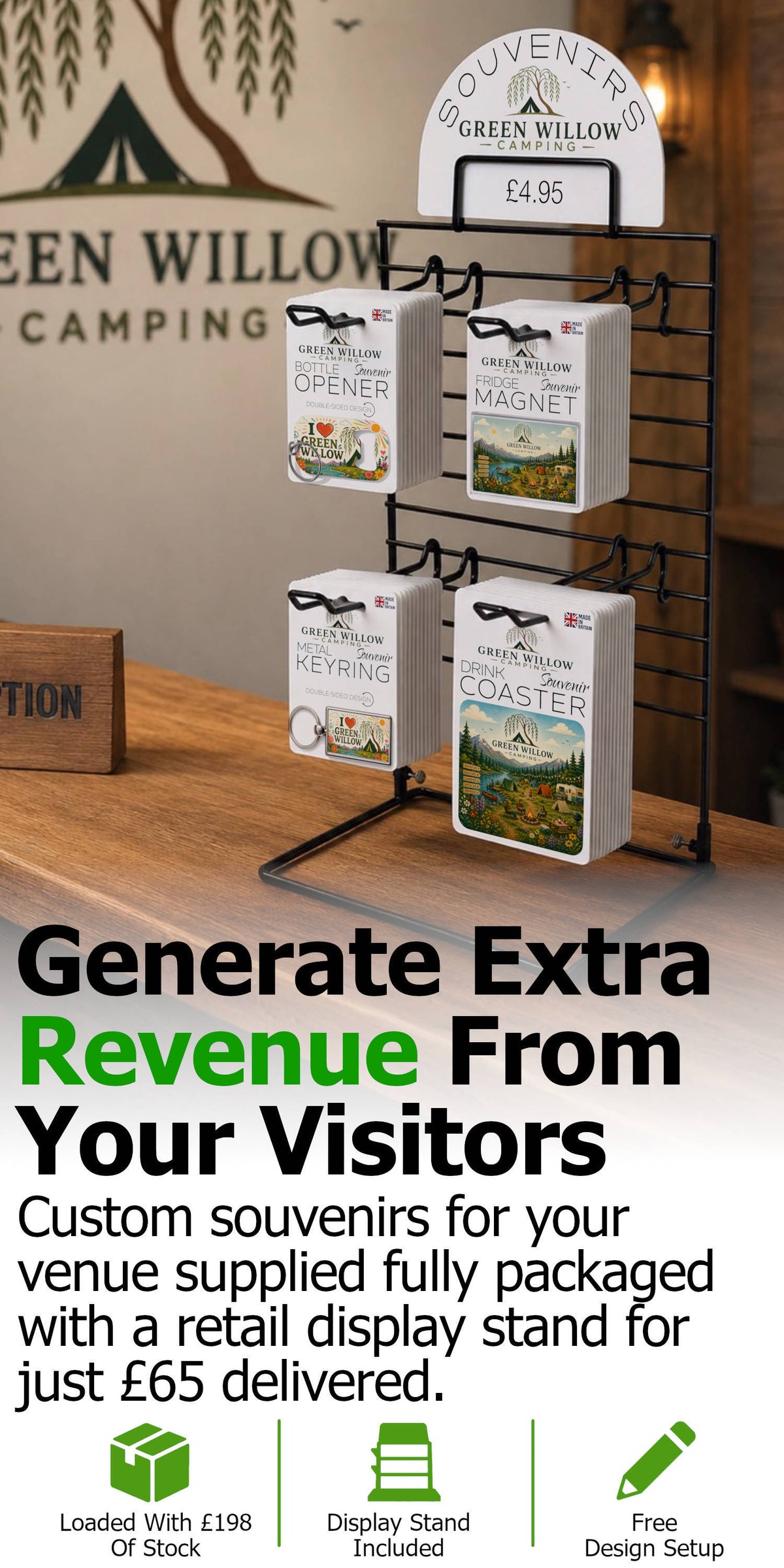Snazzy Frog custom souvenir display stand with branded souvenirs for visitor venues.