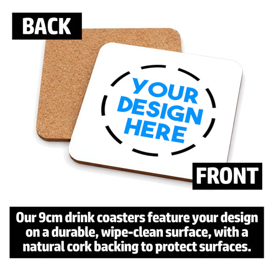 Custom branded drink coaster showing front and cork back