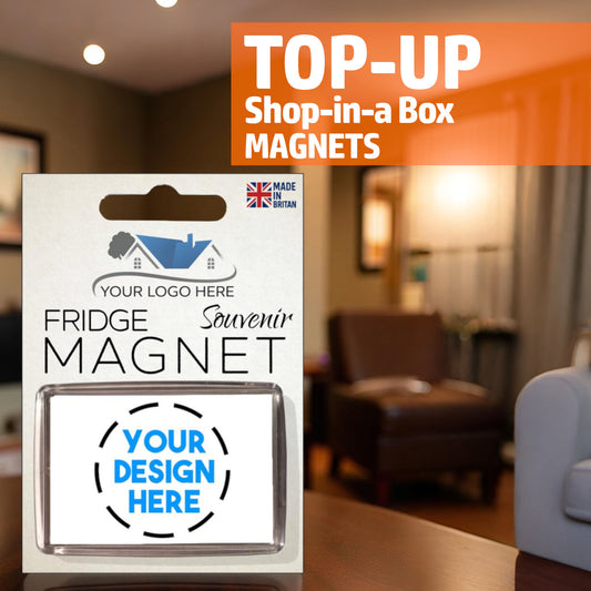 Top-up pack for Snazzy Frog Shop-in-a-Box fridge magnets with your custom logo and design, souvenir packaging shown on display.