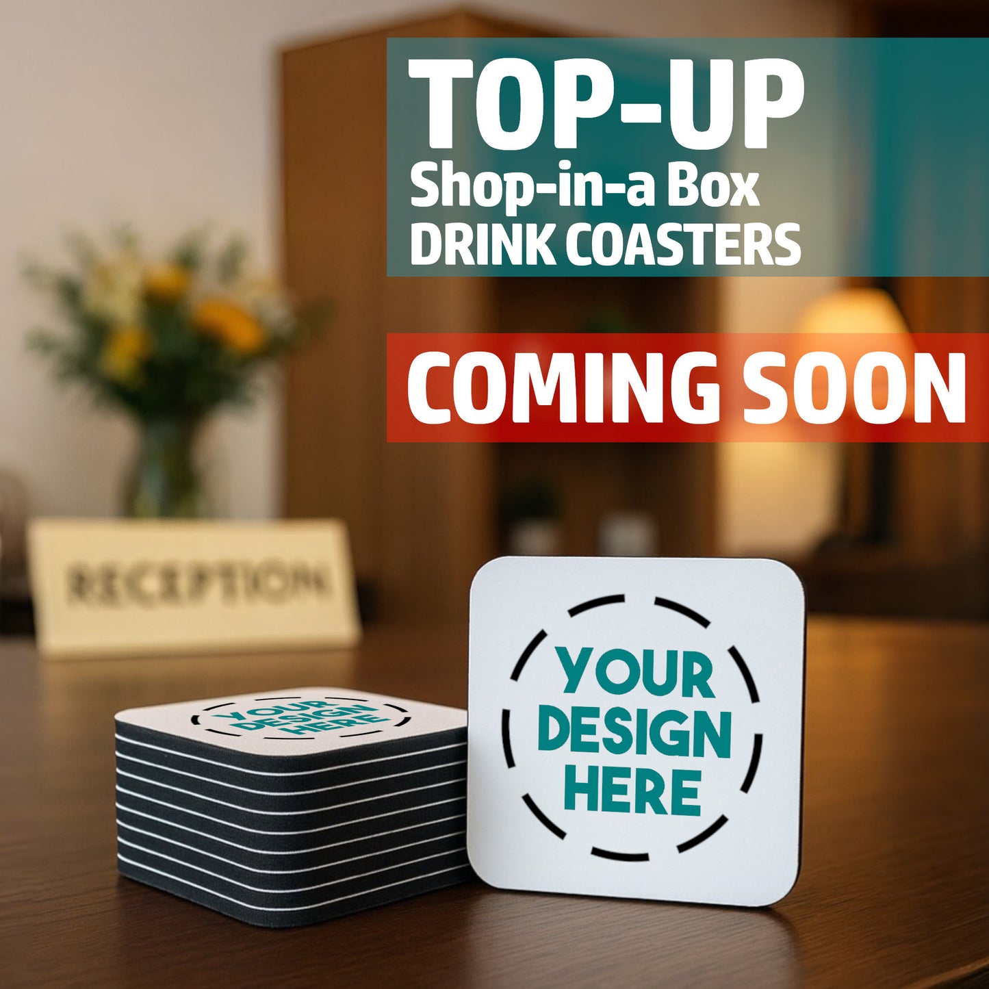 Snazzy Frog Shop-in-a-Box drink coasters at hotel reception - coming soon. 