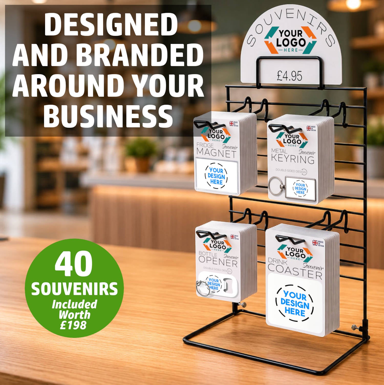 Snazzy Frog custom souvenir display stand showing personalised magnets, keyrings, coasters and bottle openers